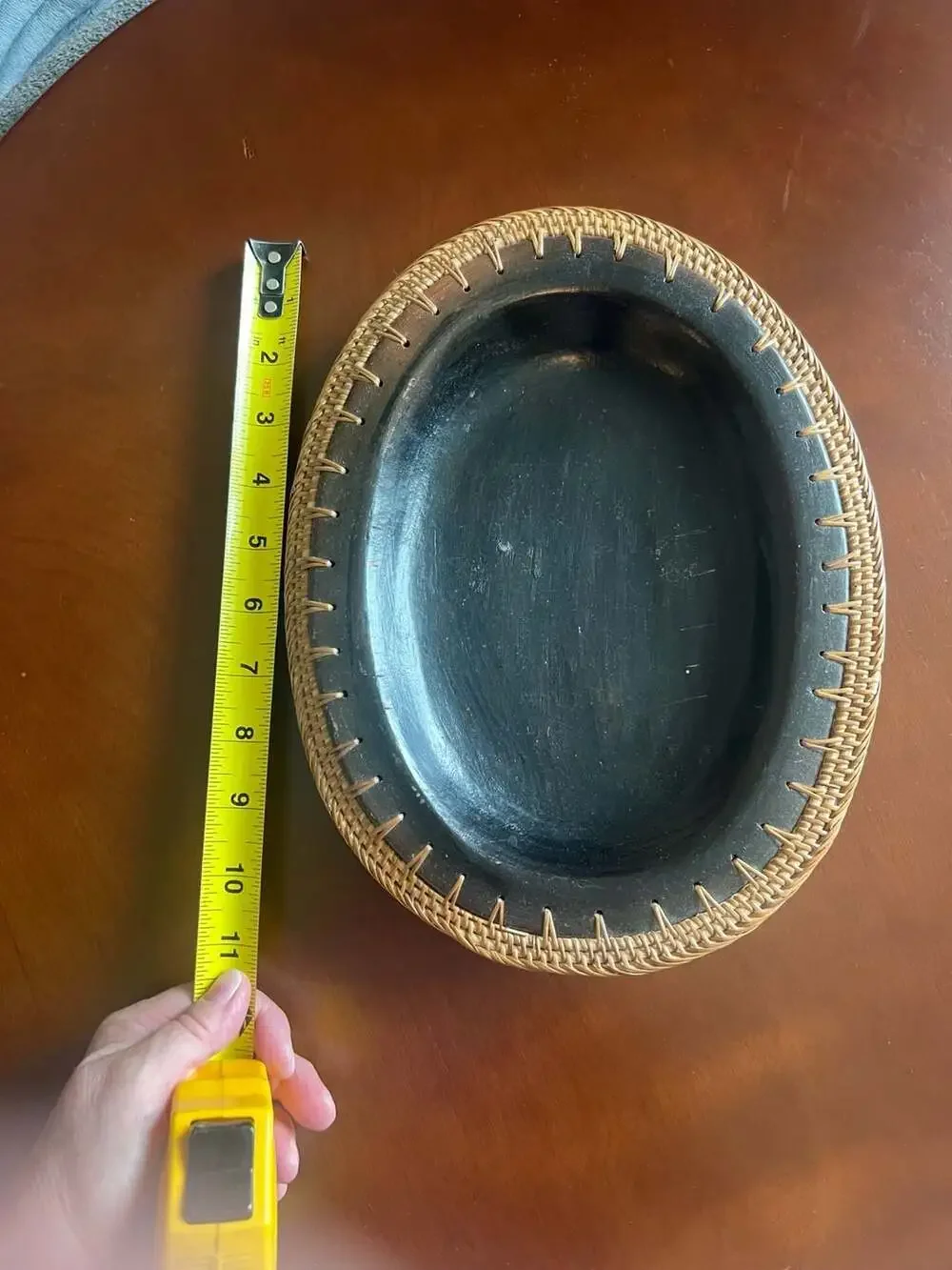 Brown Oval Bowl with Woven Rattan Trim Edging